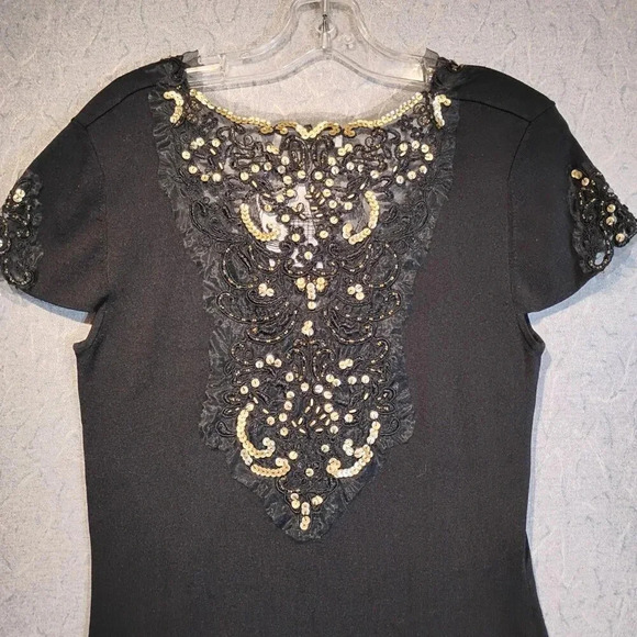 Beta's Choice NWT Black Stretch Knit Gold Sequin Scoop Neck Midi Dress in Medium - Picture 7 of 11